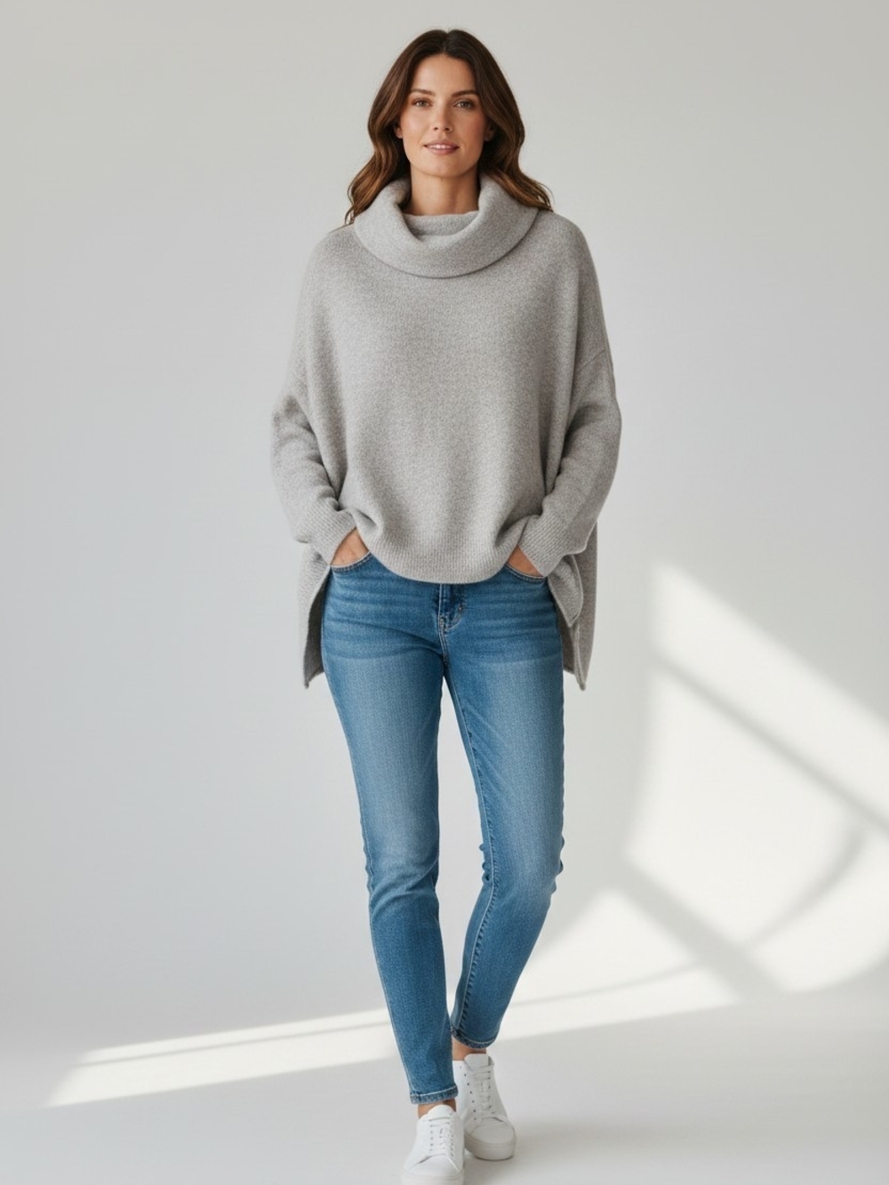 Dreamers Light Gray Oversized Cowl Neck Sweater